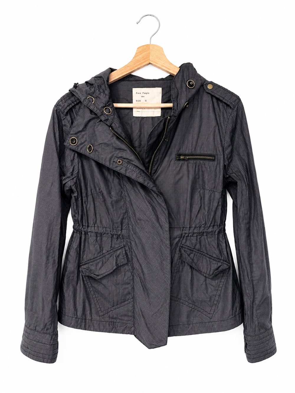 Free People Charcoal Gray Grid Pattern Utility Hooded Jacket Windbreaker NWOT S